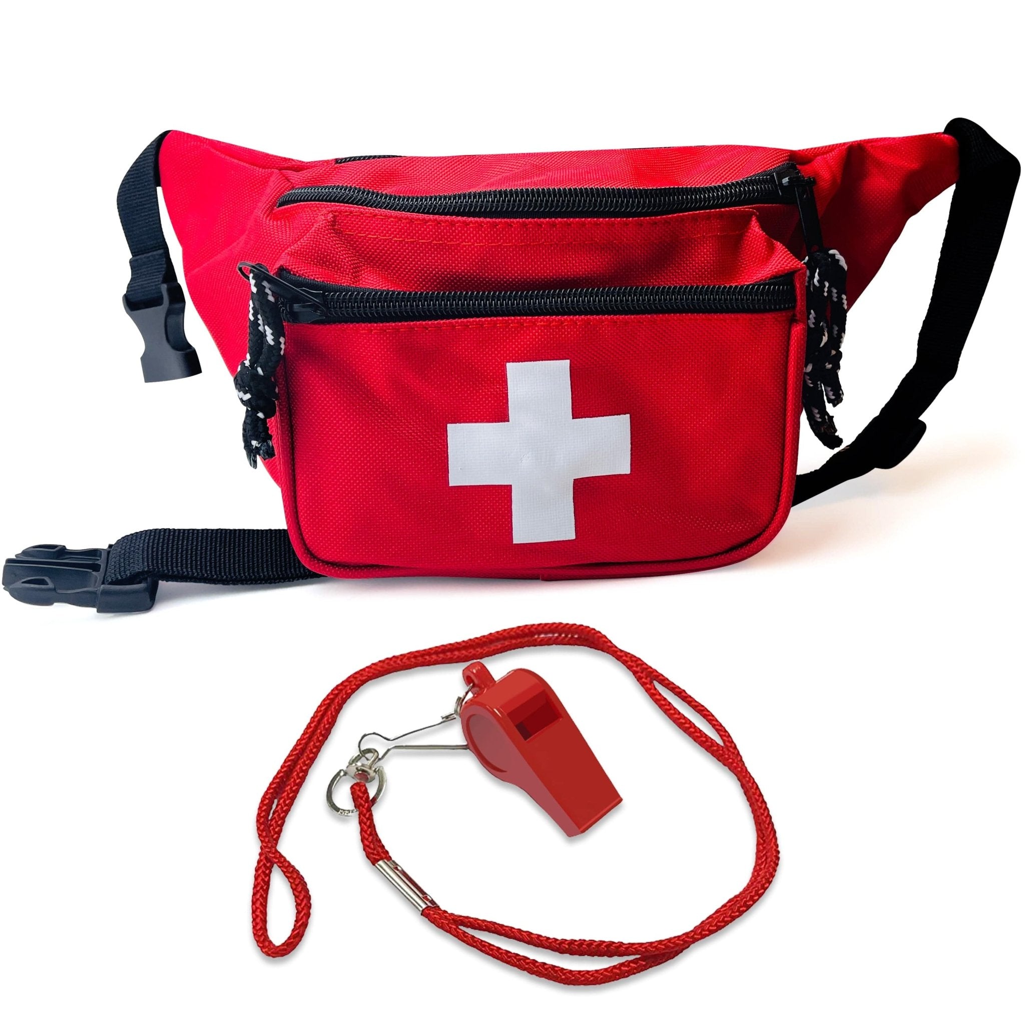 A product display showing a bright red lifeguard fanny packs, each featuring a white cross medical logo, zippered compartments, and a black adjustable waist strap, paired with matching red whistles on lanyards.