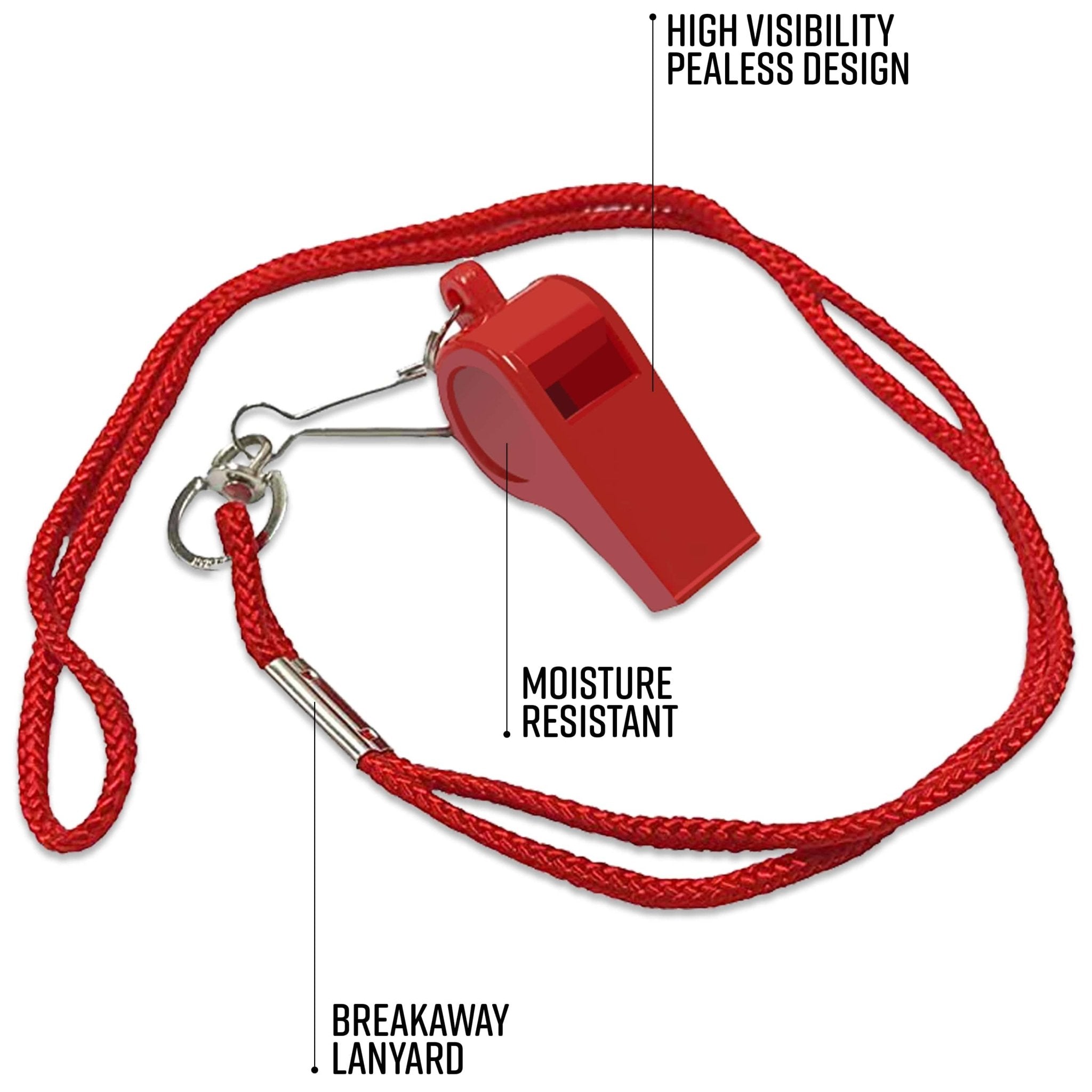 A close-up diagram of a red plastic lifeguard whistle on a lanyard, highlighting features such as the "HIGH VISIBILITY PEALESS DESIGN," "MOISTURE RESISTANT," and "BREAKAWAY LANYARD".