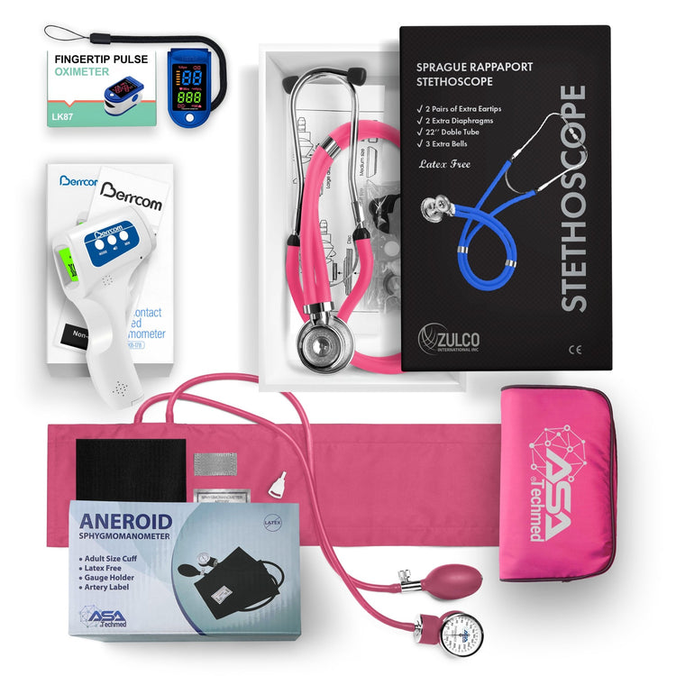 A flat lay display of a complete medical diagnostic kit featuring a pink aneroid sphygmomanometer, a pink Sprague Rappaport stethoscope, a blue pulse oximeter, and a white infrared thermometer arranged with their packaging.