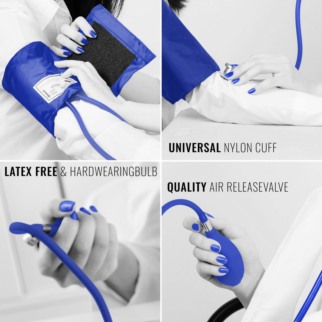 A four-panel instructional collage demonstrating the features of a blue manual blood pressure cuff, highlighting the universal nylon cuff, latex-free bulb, and quality air release valve in use.