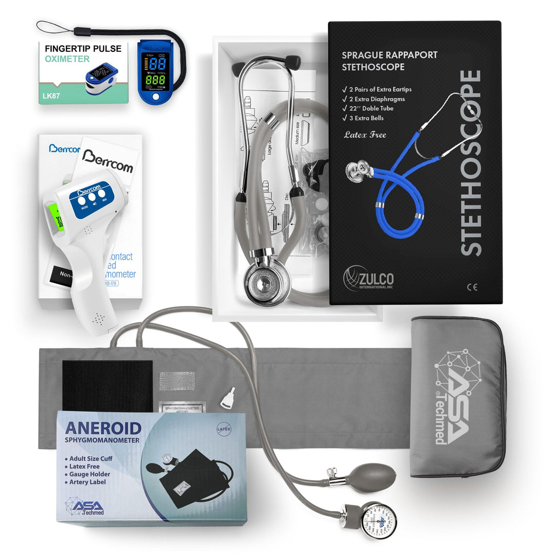 A flat lay display of a complete medical diagnostic kit featuring a gray aneroid sphygmomanometer, a gray Sprague Rappaport stethoscope, a blue pulse oximeter, and a white infrared thermometer arranged with their packaging.