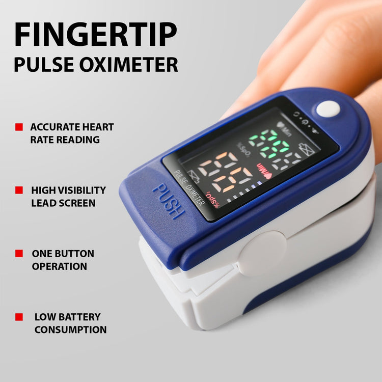 A close-up of a blue and white fingertip pulse oximeter clipped onto a finger, displaying a bright LED screen with SpO2 and pulse rate readings, alongside text highlighting features like accurate heart rate reading, high visibility screen, one-button operation, and low battery consumption.