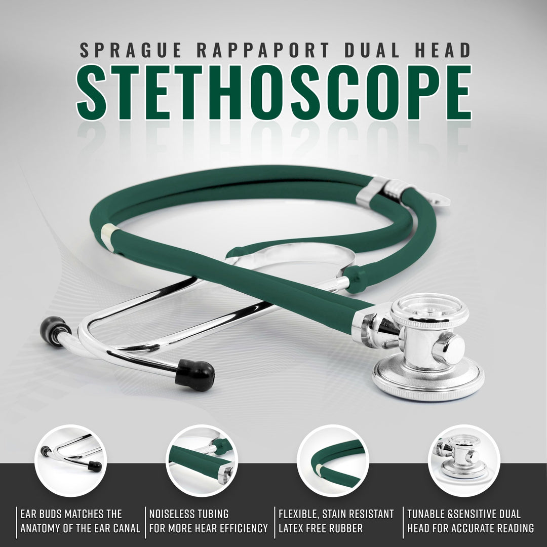 A product image of a bright hunter green Sprague Rappaport dual-head stethoscope, featuring circular insets that detail the comfortable ear buds, noiseless tubing, and flexible latex-free rubber construction.