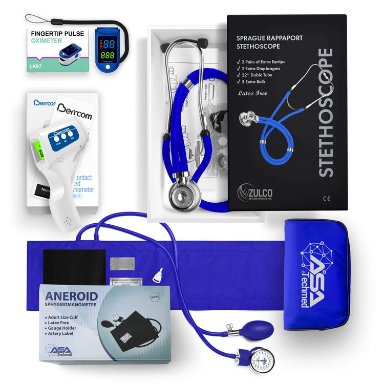 A flat lay display of a complete medical diagnostic kit featuring a blue aneroid sphygmomanometer, a blue Sprague Rappaport stethoscope, a blue pulse oximeter, and a white infrared thermometer arranged with their packaging.