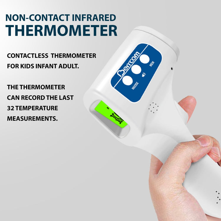 An angled view of a white Berrcom non-contact infrared thermometer with a green digital screen, accompanied by text highlighting features such as memory recording and suitability for kids, infants, and adults.