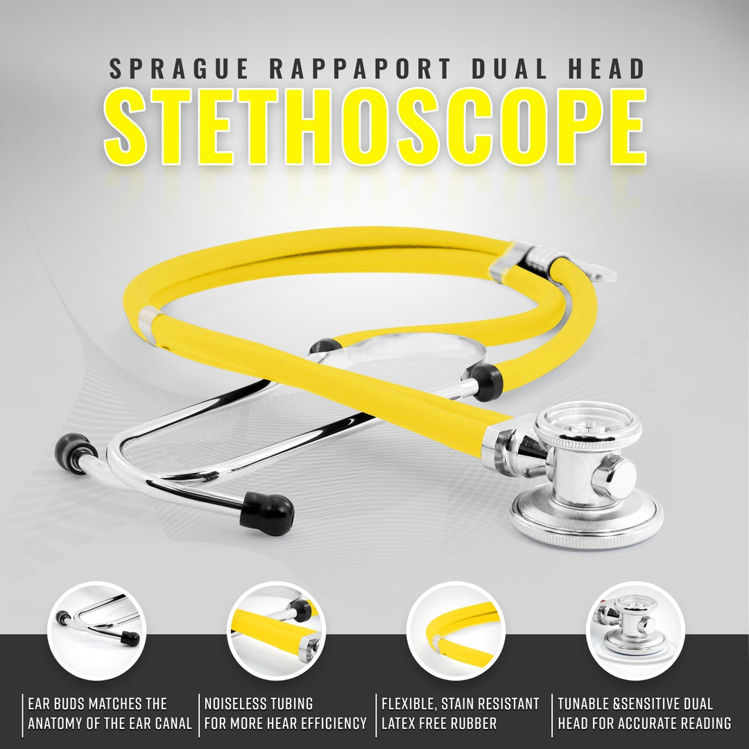 A product image of a bright yellow Sprague Rappaport dual-head stethoscope, featuring circular insets that detail the comfortable ear buds, noiseless tubing, and flexible latex-free rubber construction.