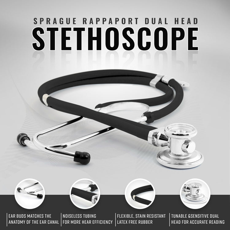 A product image of a bright black Sprague Rappaport dual-head stethoscope, featuring circular insets that detail the comfortable ear buds, noiseless tubing, and flexible latex-free rubber construction.