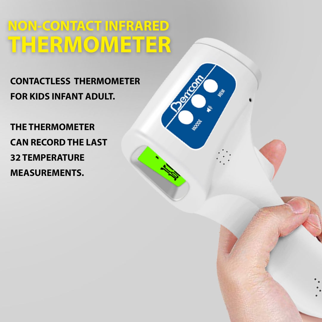 An angled view of a white Berrcom non-contact infrared thermometer with a green digital screen, accompanied by text highlighting features such as memory recording and suitability for kids, infants, and adults.