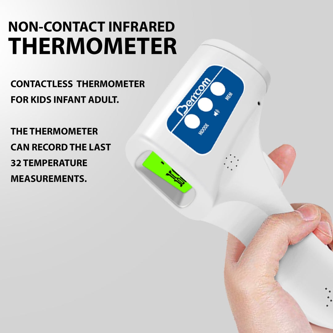 An angled view of a white Berrcom non-contact infrared thermometer with a green digital screen, accompanied by text highlighting features such as memory recording and suitability for kids, infants, and adults.