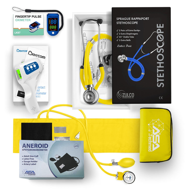 A flat lay display of a complete medical diagnostic kit featuring a yellow aneroid sphygmomanometer, a yellow Sprague Rappaport stethoscope, a blue pulse oximeter, and a white infrared thermometer arranged with their packaging.