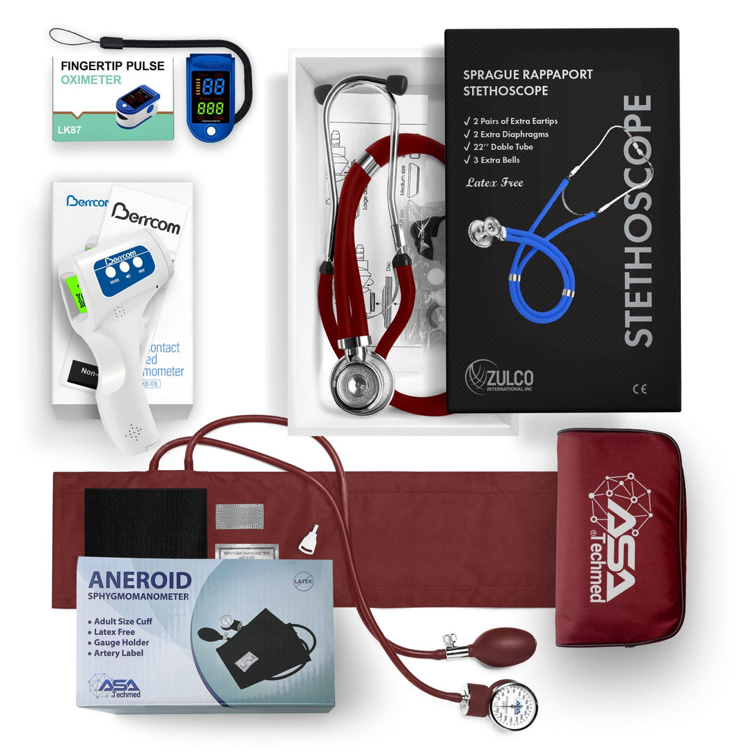 A flat lay display of a complete medical diagnostic kit featuring a maroon aneroid sphygmomanometer, a maroon Sprague Rappaport stethoscope, a blue pulse oximeter, and a white infrared thermometer arranged with their packaging.