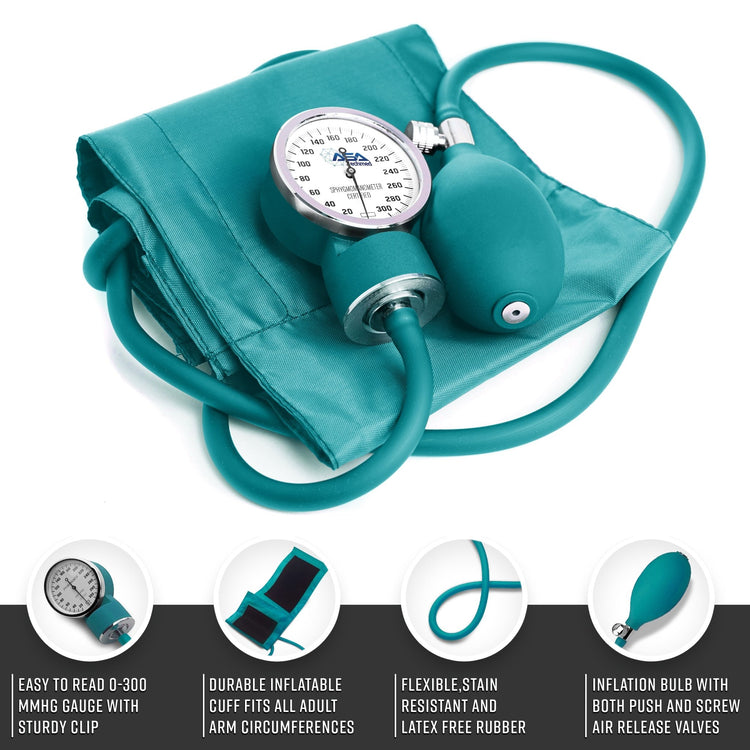 A detailed view of a teal aneroid sphygmomanometer with a gauge reading 0-300 mmHg, accompanied by four feature callouts for the sturdy gauge clip, durable inflatable cuff, flexible stain-resistant tubing, and inflation bulb.