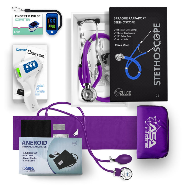 A flat lay display of a complete medical diagnostic kit featuring a purple aneroid sphygmomanometer, a purple Sprague Rappaport stethoscope, a blue pulse oximeter, and a white infrared thermometer arranged with their packaging.