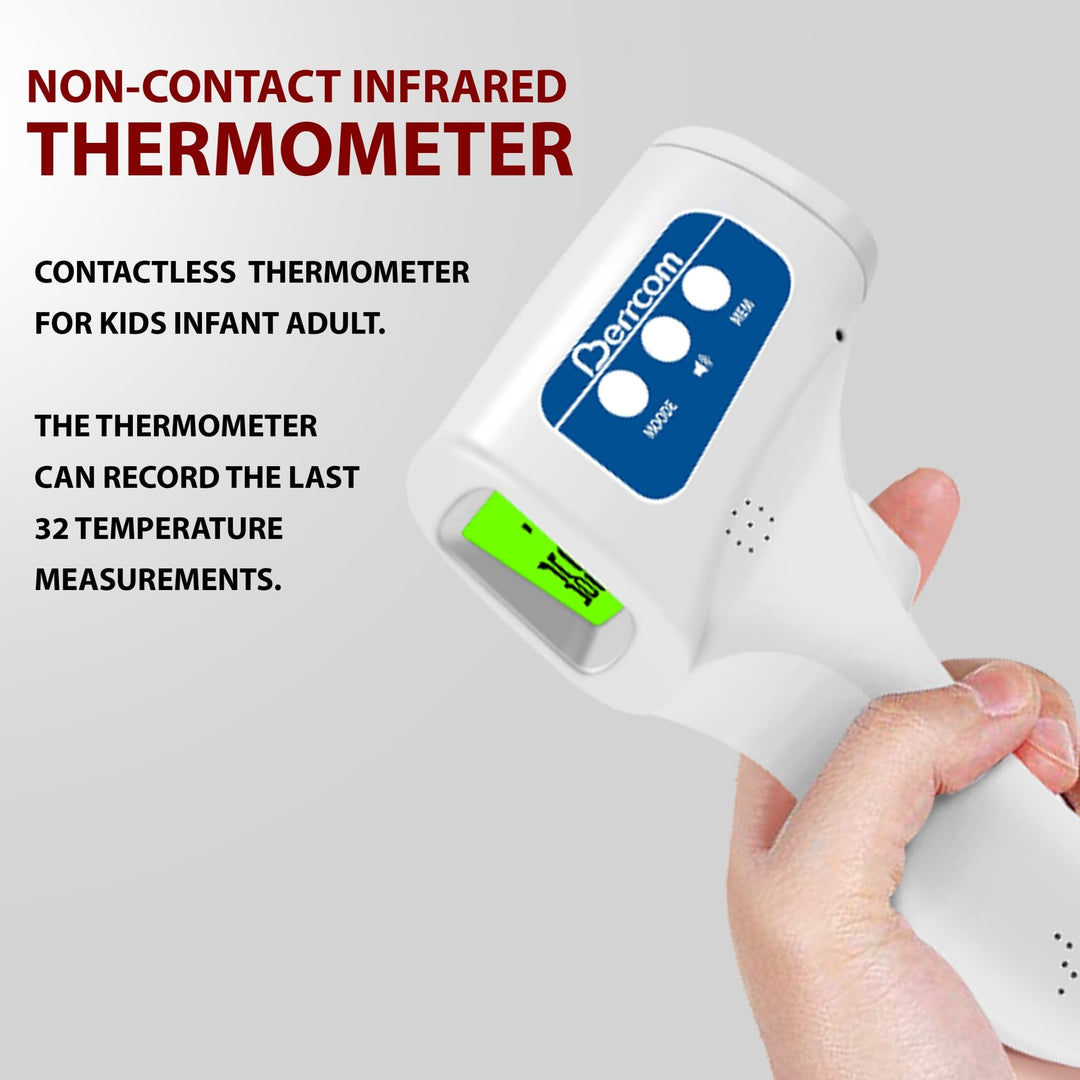 An angled view of a white Berrcom non-contact infrared thermometer with a green digital screen, accompanied by text highlighting features such as memory recording and suitability for kids, infants, and adults.