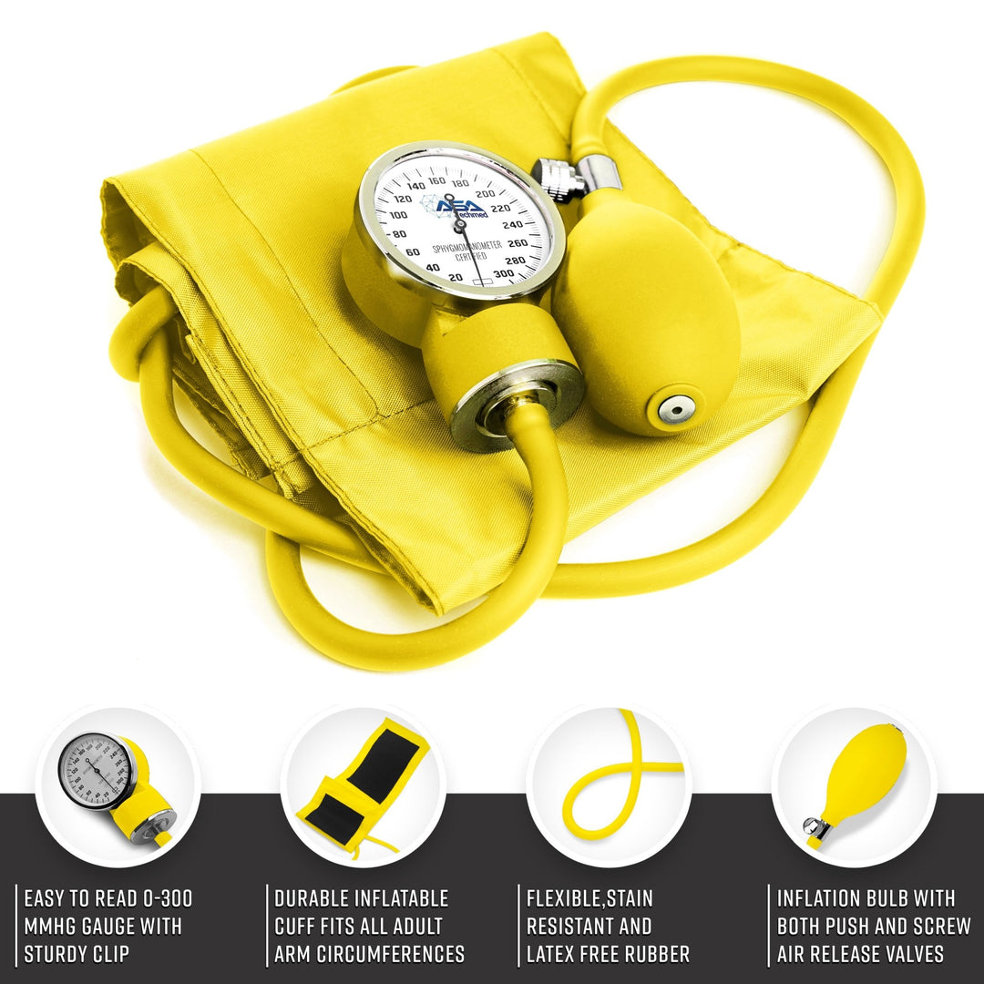 A detailed view of a yellow aneroid sphygmomanometer with a gauge reading 0-300 mmHg, accompanied by four feature callouts for the sturdy gauge clip, durable inflatable cuff, flexible stain-resistant tubing, and inflation bulb.