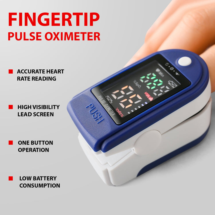 A close-up of a blue and white fingertip pulse oximeter clipped onto a finger, displaying a bright LED screen with SpO2 and pulse rate readings, alongside text highlighting features like accurate heart rate reading, high visibility screen, one-button operation, and low battery consumption.