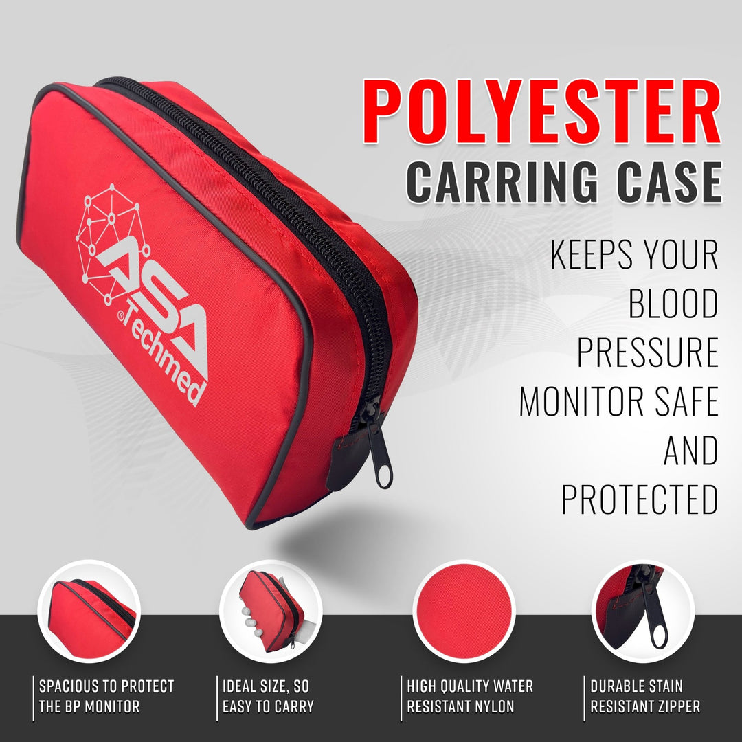 red polyester carrying case for the blood pressure monitor, highlighting water resistance and durable zipper.