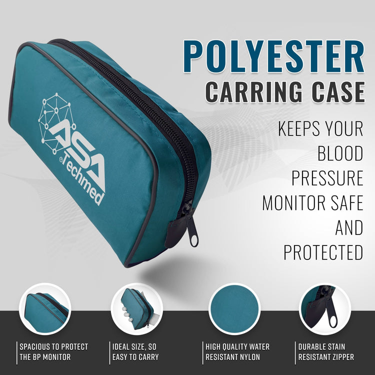 Teal polyester carrying case for the blood pressure monitor, highlighting water resistance and durable zipper.