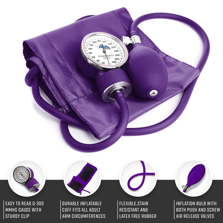Close-up of the pressure gauge resting on the purple cuff, with icons detailing durability, flexibility, and valve type.