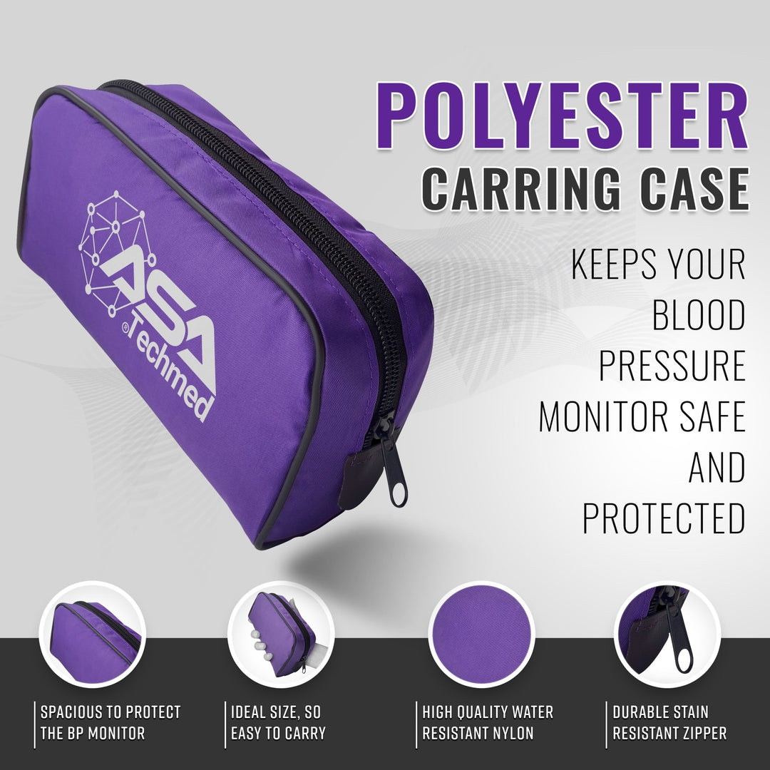 purple polyester carrying case for the blood pressure monitor, highlighting water resistance and durable zipper.