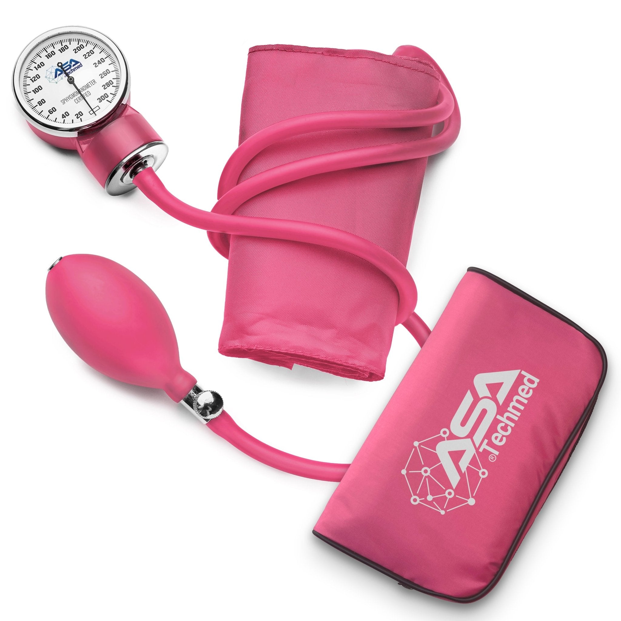 Flat lay of the pink blood pressure monitor components: gauge, cuff, bulb, and case.