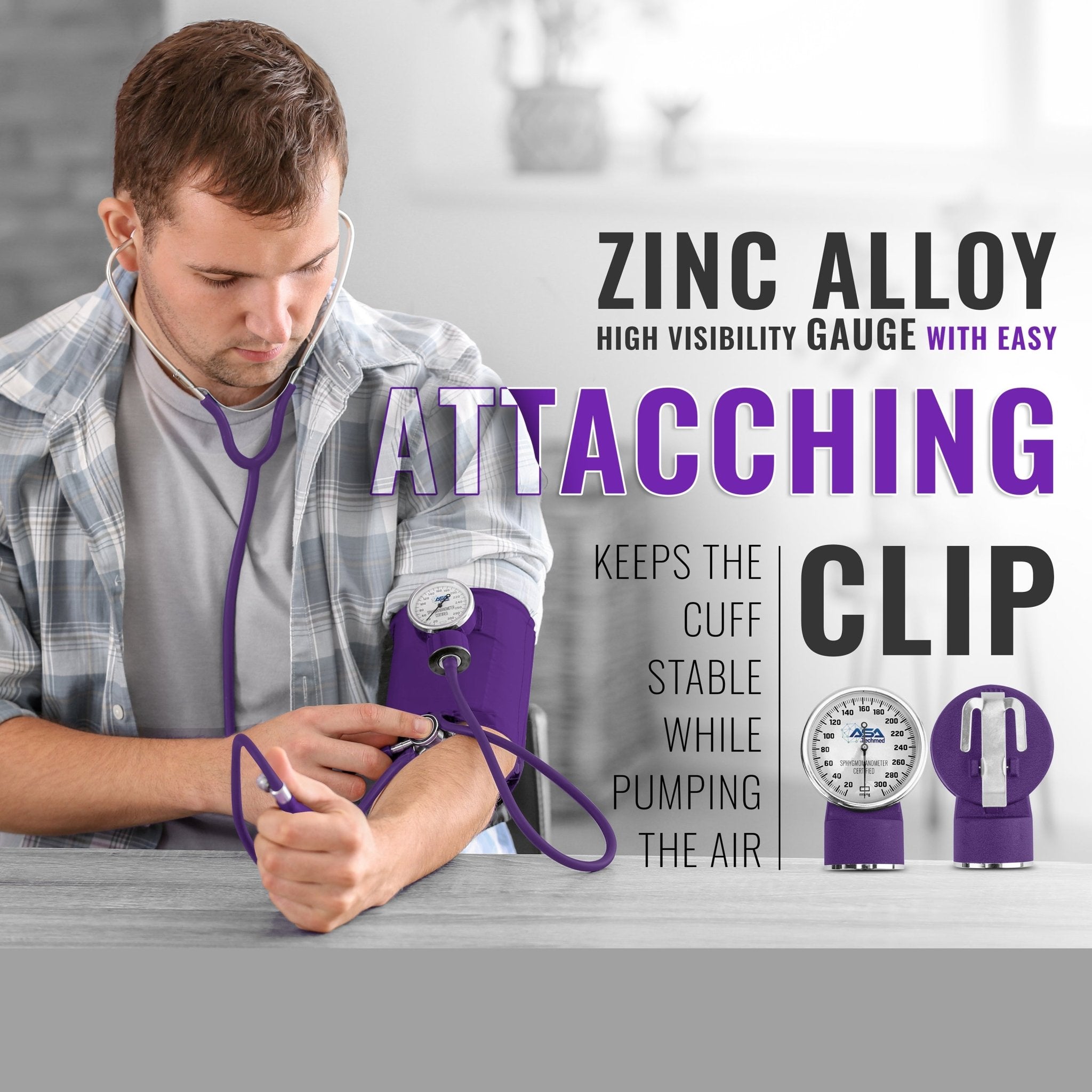 Man measuring blood pressure, highlighting the zinc alloy gauge with its easy-attaching clip.