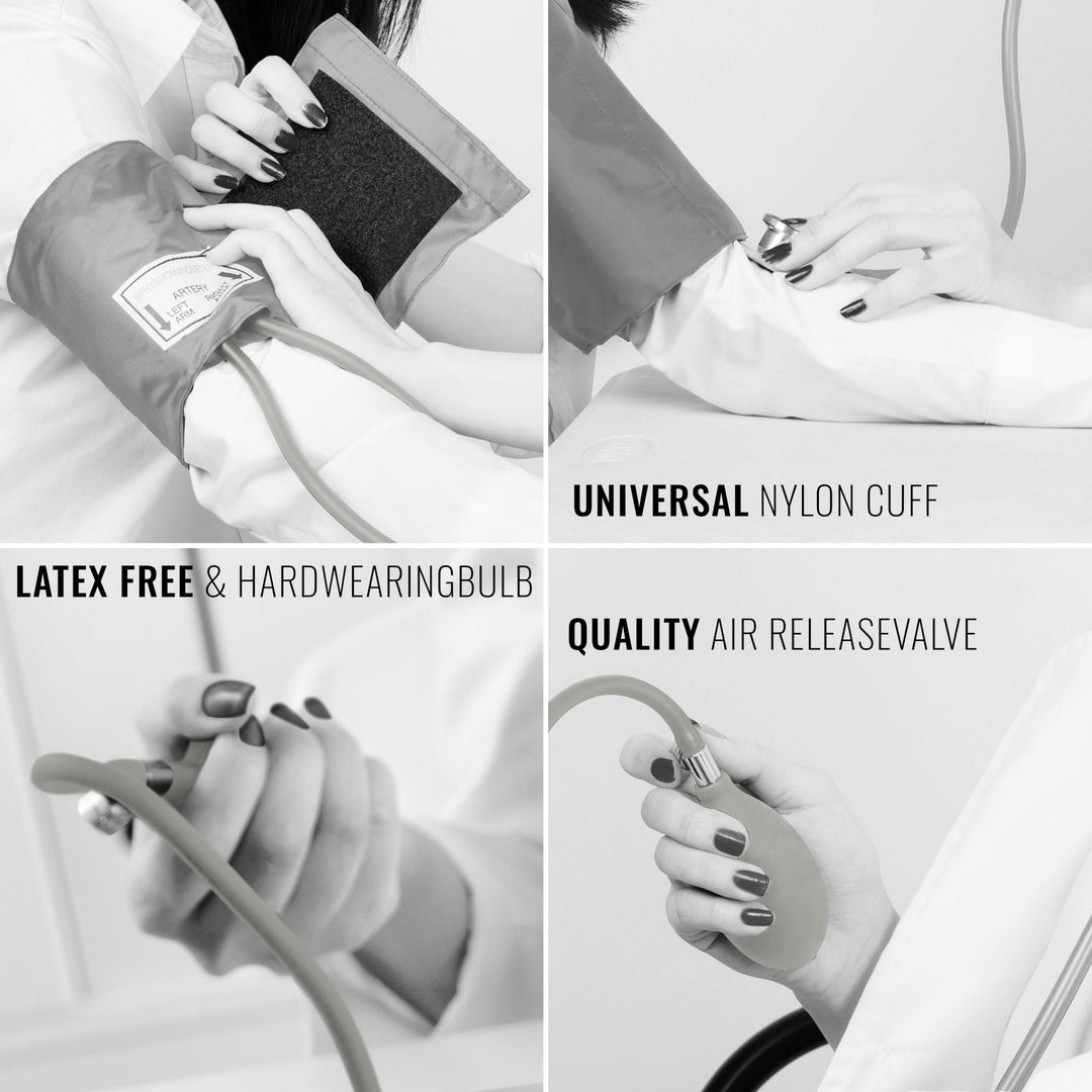 Black and white collage with gray color-popping showing the universal cuff, latex-free bulb, and air release valve in use.