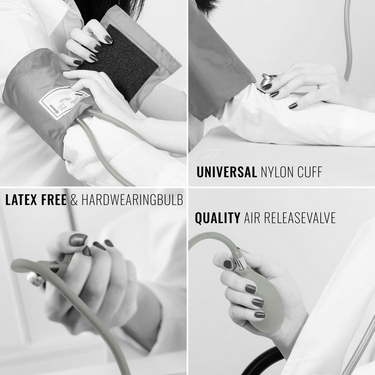 Black and white collage with gray color-popping showing the universal cuff, latex-free bulb, and air release valve in use.