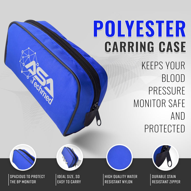 royal blue polyester carrying case for the blood pressure monitor, highlighting water resistance and durable zipper.