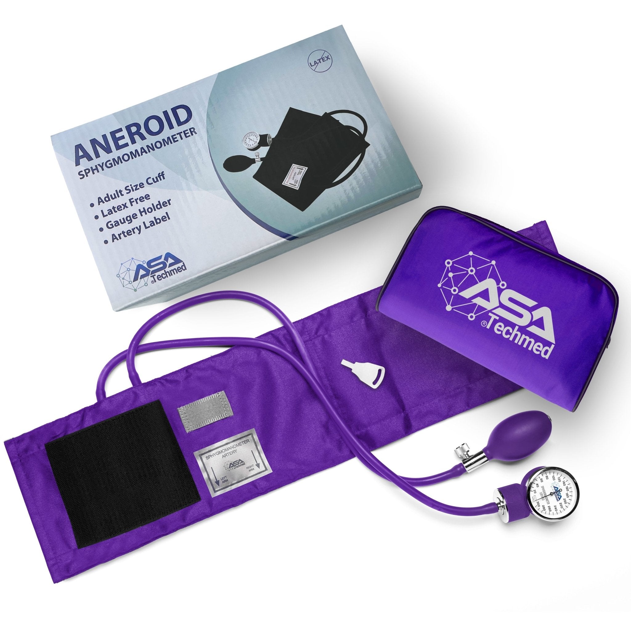 Purple aneroid sphygmomanometer kit displayed with its packaging box and matching yellow carrying case.
