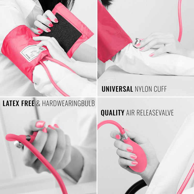 Black and white collage with pink color-popping showing the universal cuff, latex-free bulb, and air release valve in use.