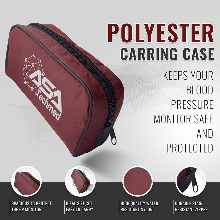 Maroon polyester carrying case for the blood pressure monitor, highlighting water resistance and durable zipper.