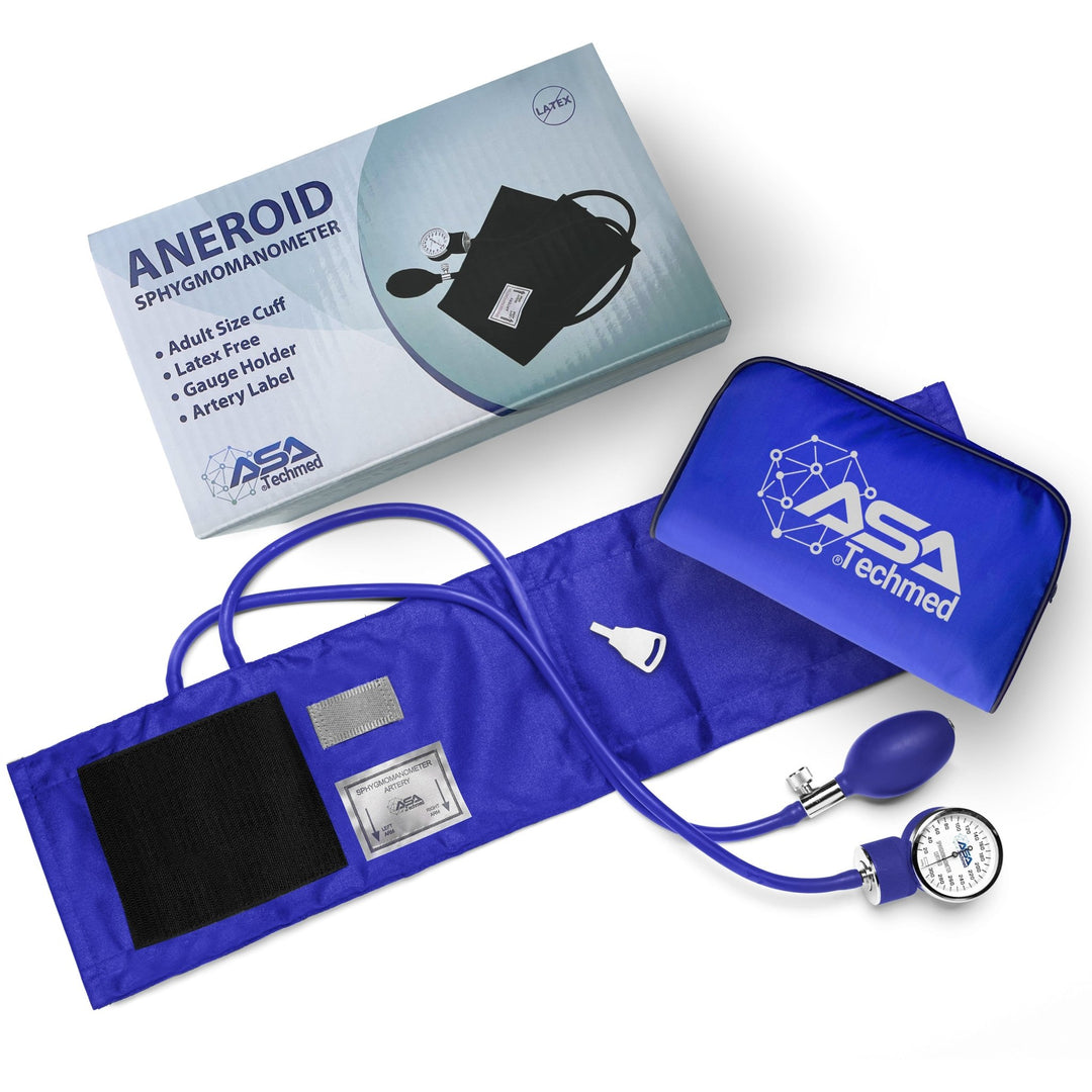 Royal blue aneroid sphygmomanometer kit displayed with its packaging box and matching yellow carrying case.