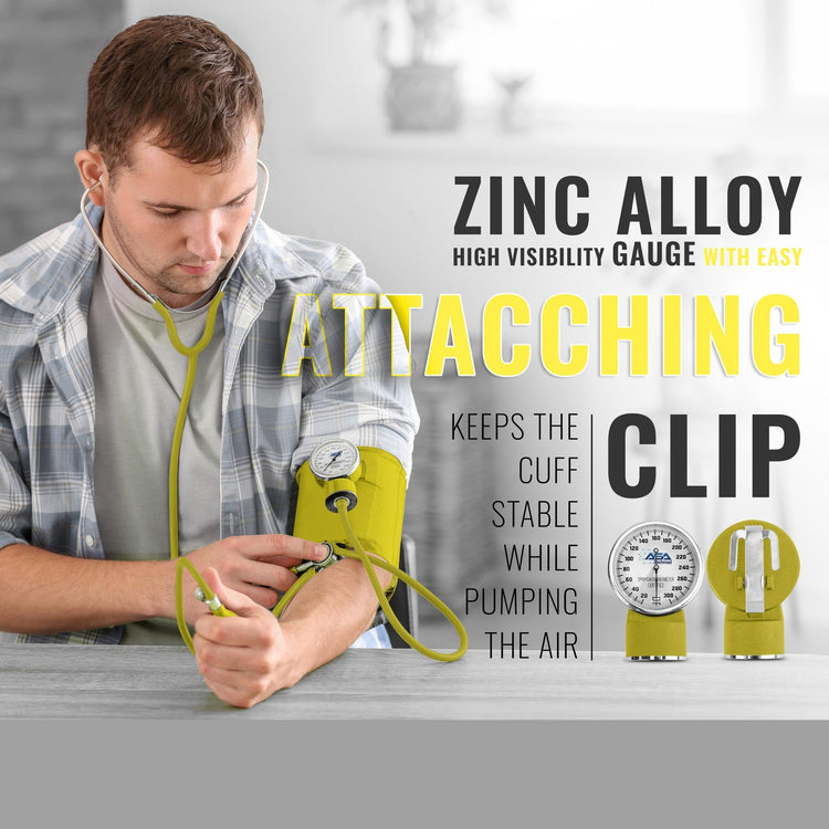 Man measuring blood pressure, highlighting the zinc alloy gauge with its easy-attaching clip.