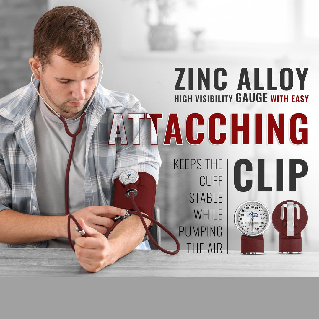 Man measuring blood pressure, highlighting the zinc alloy gauge with its easy-attaching clip.