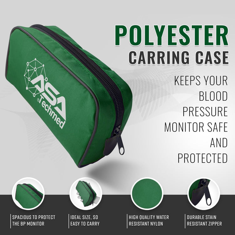 Hunter Green polyester carrying case for the blood pressure monitor, highlighting water resistance and durable zipper.