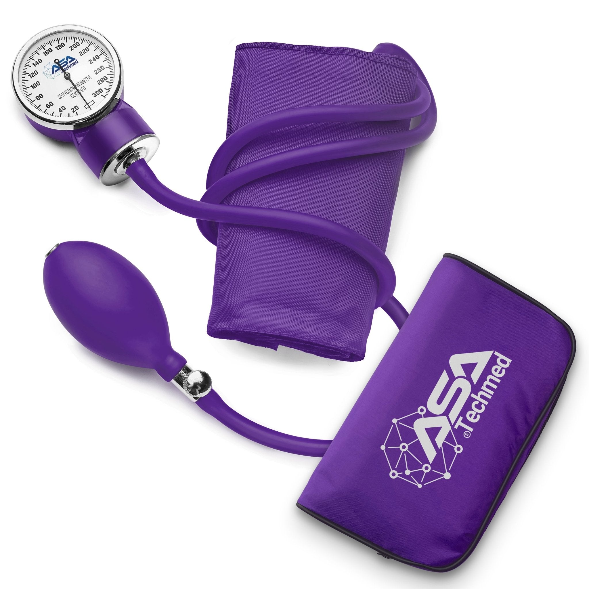 Flat lay of the purple blood pressure monitor components: gauge, cuff, bulb, and case.