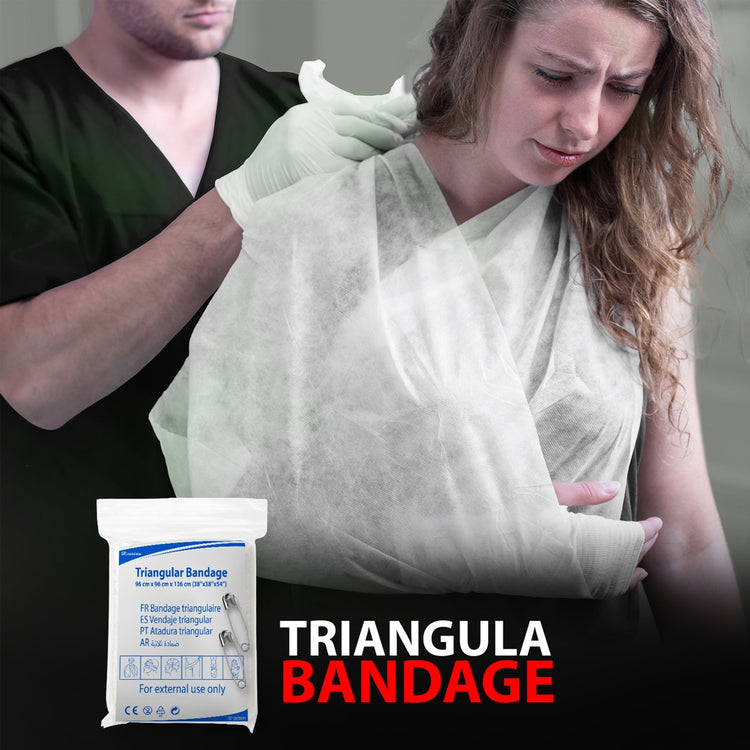 An infographic for a "TRIANGULAR BANDAGE." A medical professional in green scrubs is shown applying an arm sling to a female patient using the white bandage. A packet of the product is displayed in the corner.