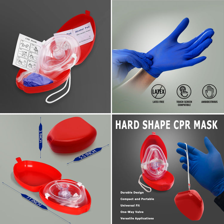 A four-panel infographic titled "HARD SHAPE CPR MASK." The panels show: 1) The open red case containing the mask and alcohol pad; 2) A gloved hand with icons for "Latex Free," "Touch Screen Compatible," and "Ambidextrous"; 3) Dimensions of the case (5.5 inches long, 2 inches high); and 4) A hand holding the case by its white lanyard, listing features like "Durable Design" and "One-Way Valve."