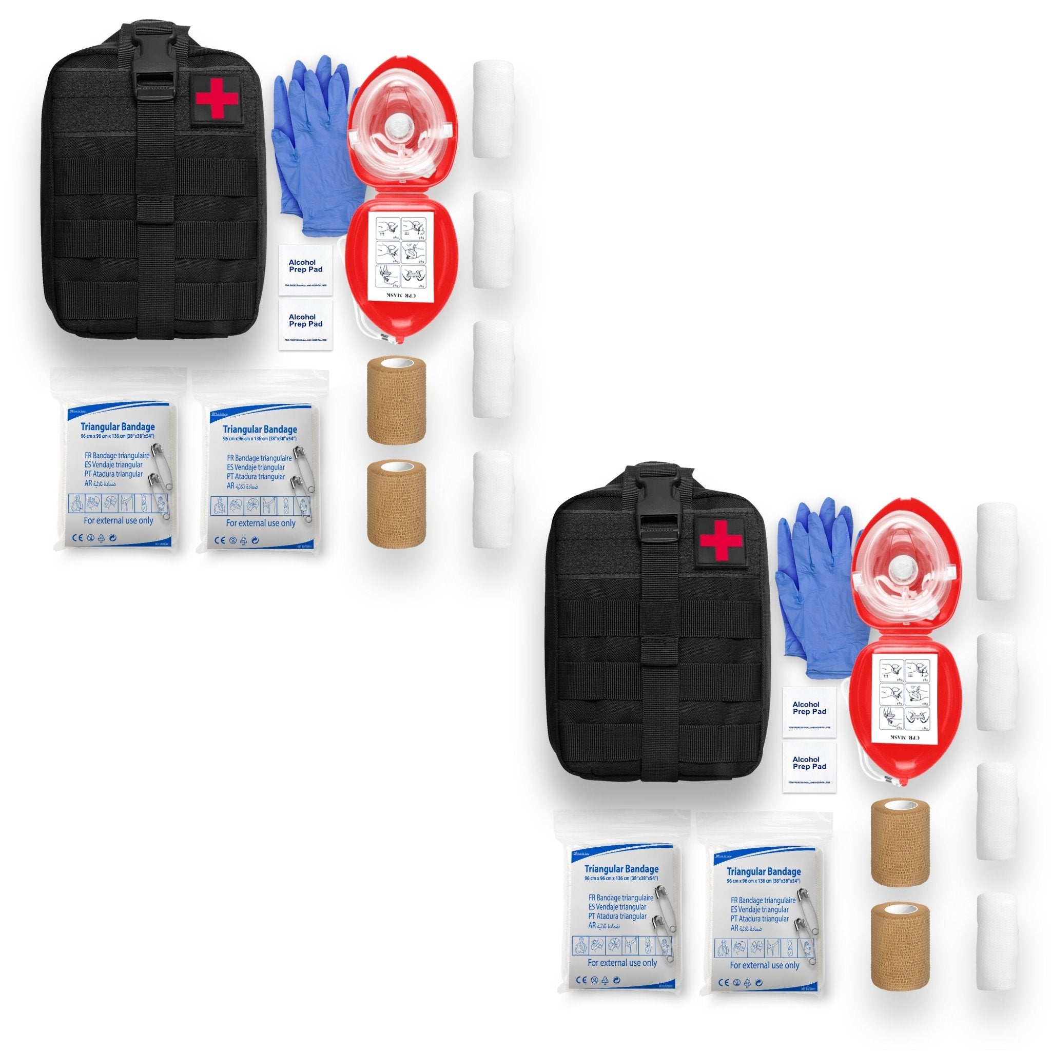 A product image displaying two identical emergency response sets side-by-side. Each set includes a black MOLLE pouch, a red hard-shell CPR mask case, blue nitrile gloves, alcohol prep pads, triangular bandages, and rolls of gauze.
