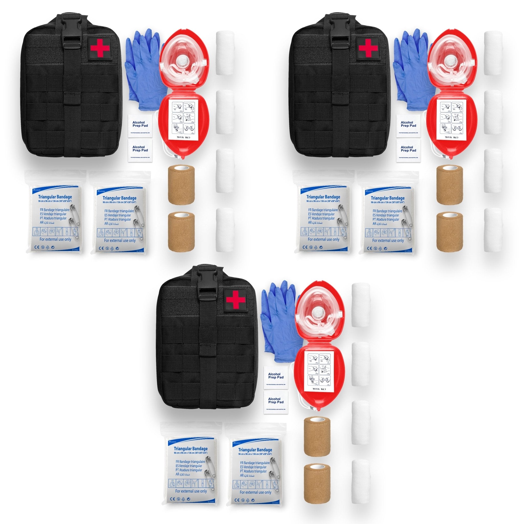 A product image displaying three identical emergency response sets side-by-side. Each set includes a black MOLLE pouch, a red hard-shell CPR mask case, blue nitrile gloves, alcohol prep pads, triangular bandages, and rolls of gauze.