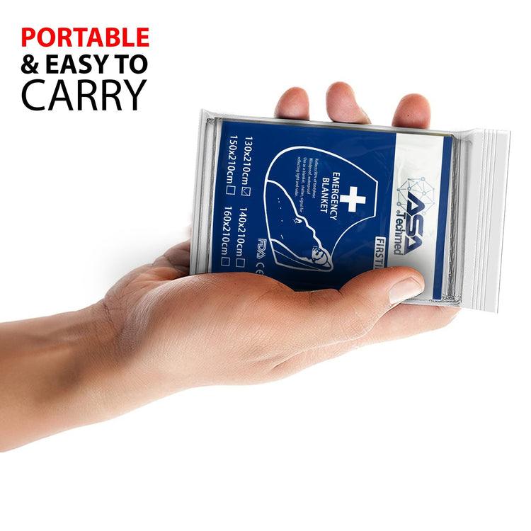 A close-up showing a hand holding a single packaged emergency blanket to demonstrate its compact size. Text in the upper left corner reads "PORTABLE & EASY TO CARRY."