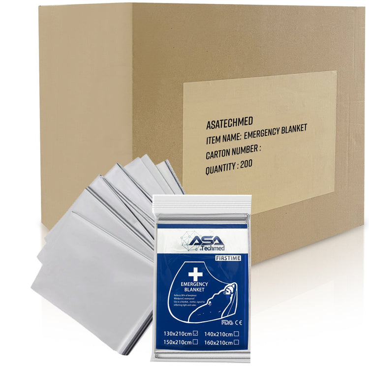 A bulk supply image featuring a large cardboard shipping box labeled "ASATECHMED ITEM NAME: EMERGENCY BLANKET QUANTITY: 200." In the foreground, a stack of loose folded blankets and a single packaged unit are displayed.