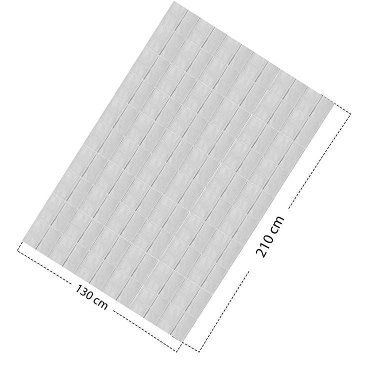 A top-down view of a fully unfolded silver emergency blanket. Dashed lines along the edges indicate the dimensions, measuring 130 cm in width and 210 cm in length.