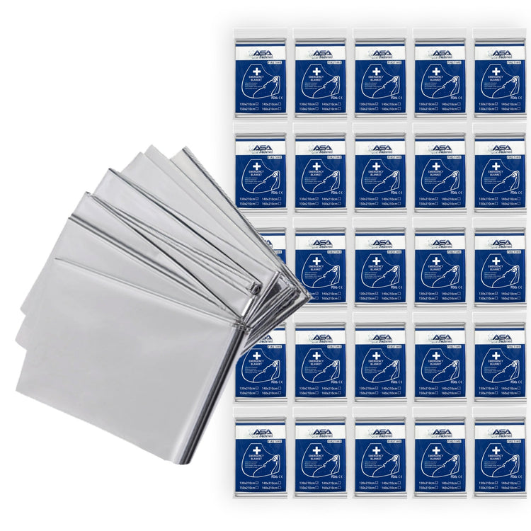 A product set display showing twenty five silver emergency blankets. On the left, twenty five folded blankets are fanned out. On the right, twenty five individually packaged units are shown in clear bags with blue "ASA Techmed" inserts labeling them as "EMERGENCY BLANKET."