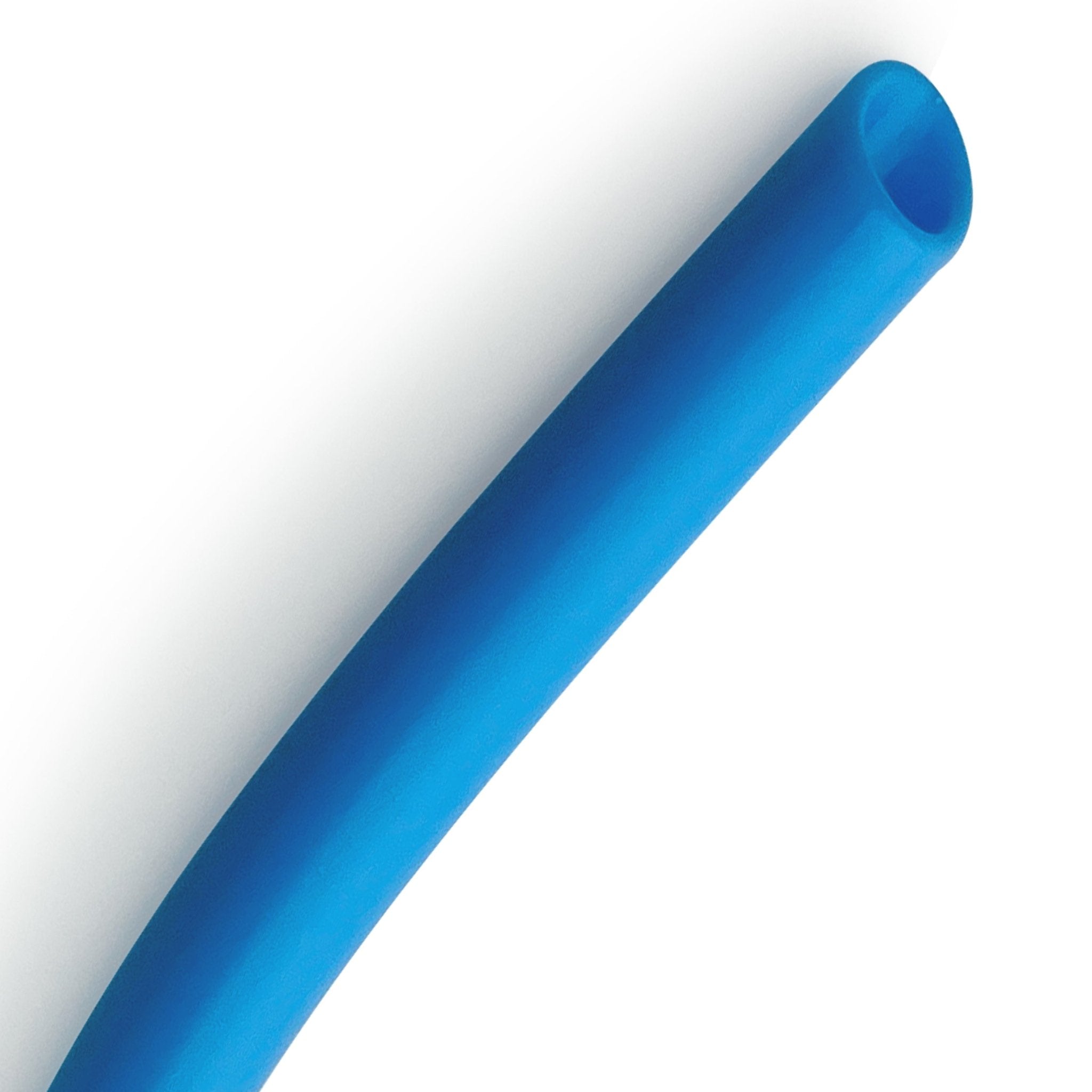 A macro close-up view of the distal end of the blue airway tube. It highlights the smooth, beveled (angled) tip designed for safe insertion into the nasal passage.