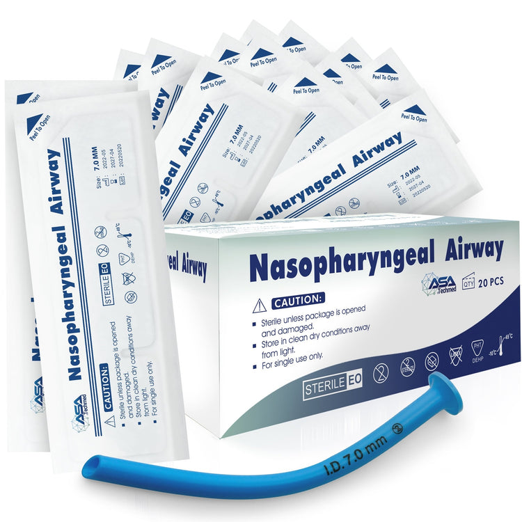 A bulk product display featuring a white box labeled "Nasopharyngeal Airway, ASA Techmed, QTY 20 PCS." Behind the box, numerous individual sterile packets are fanned out, with one loose blue tube lying in the foreground.