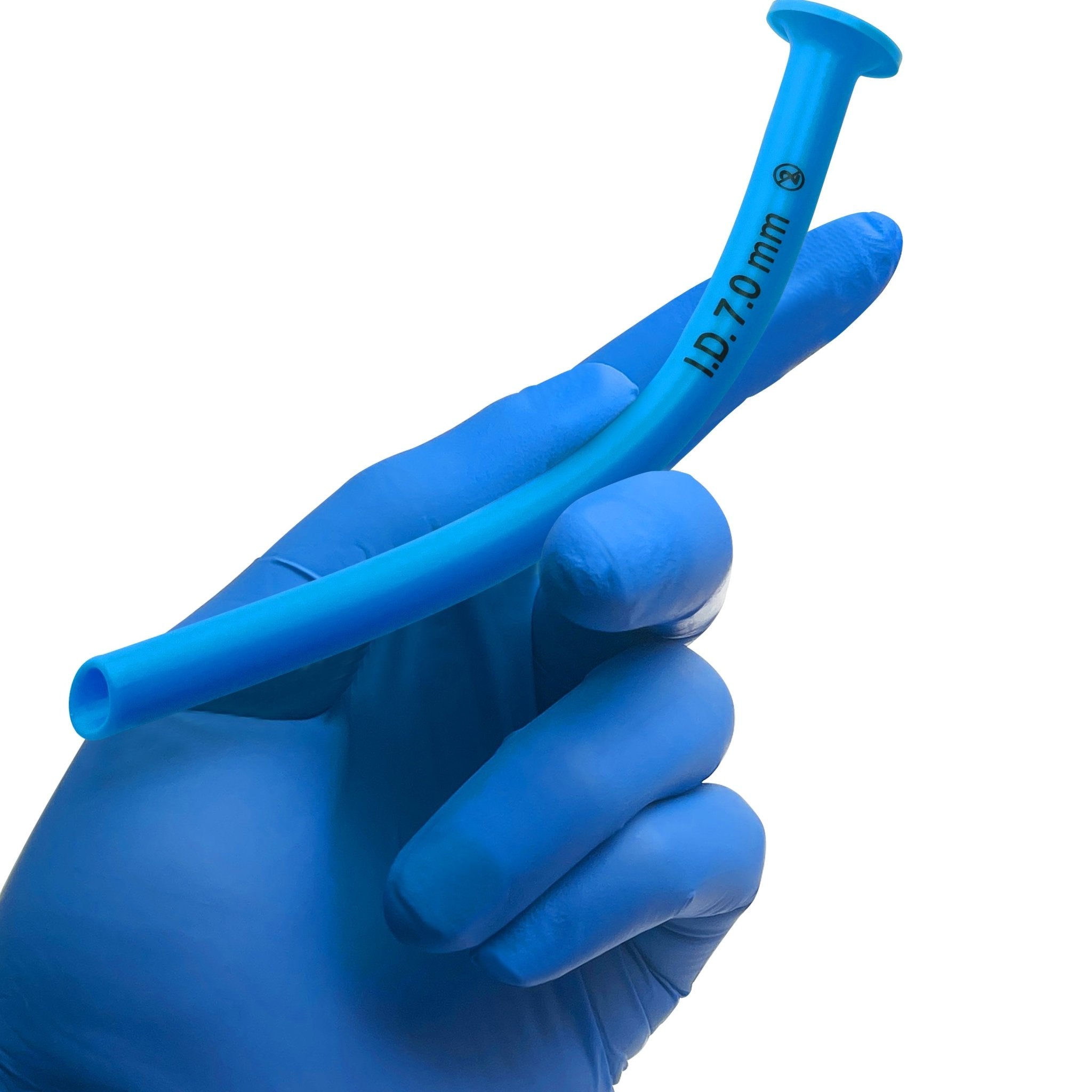 A hand wearing a blue medical glove holding the blue Nasopharyngeal Airway. The image demonstrates the device's size, curve, and flexibility relative to a human hand.