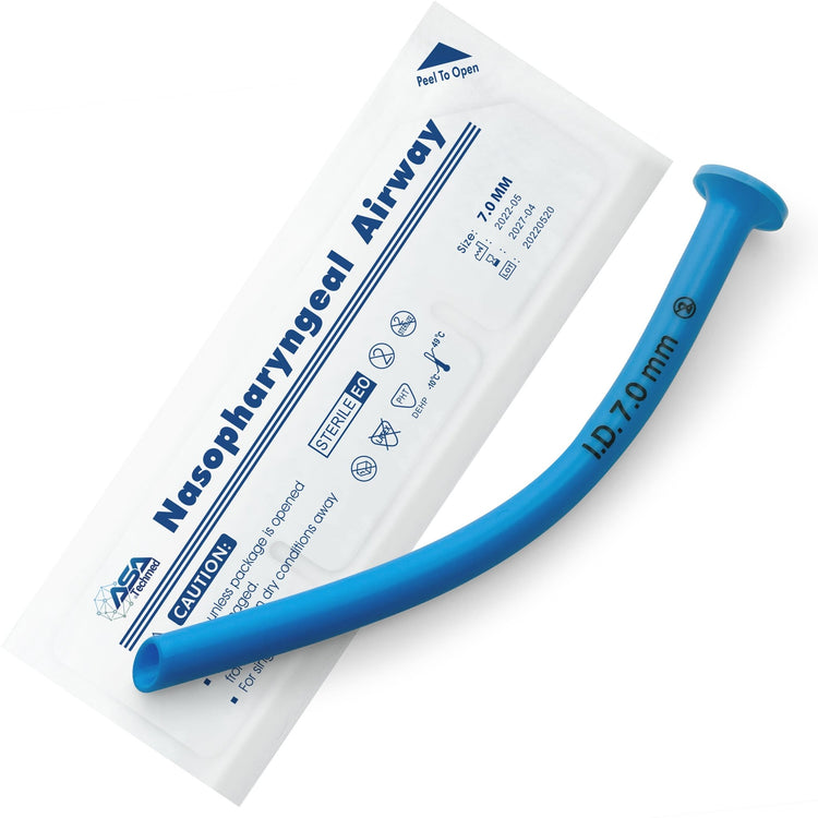 A flat-lay showing a single sterile package labeled "ASA Techmed Nasopharyngeal Airway" with specific details including "Size: 7.0 MM," "STERILE EO," and expiration dates. The actual blue airway tube rests diagonally across the white packaging.