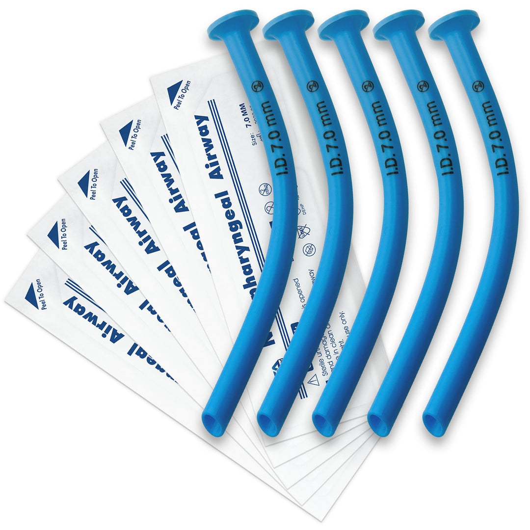 A product display showing a set of five Nasopharyngeal Airways. On the left, five white sterile peel-packs are fanned out, labeled "Nasopharyngeal Airway Size: 7.0 MM." On the right, the corresponding five blue tubes are arranged in a row to show the quantity.